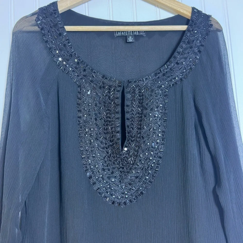 Lafayette 148 New York Black Embellished Blouse Tunic Top Silk Casual Business M - Picture 3 of 13